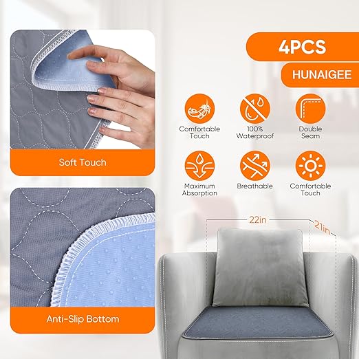 Waterproof Chair Pads for Incontinence Absorbent Seat Protector Pads for Adults Chucks Pads Washable Chair Protector Pads for Chairs Bed Adults, Elderly, Kids & Pets Gray 21"X22"4 Pack - Image 4
