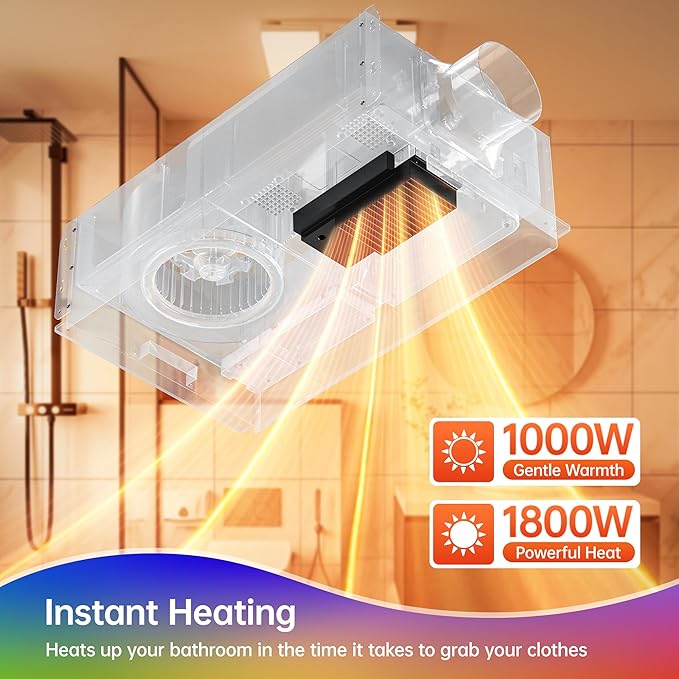 Bathroom Exhaust Fan with Heater, Light, Bluetooth Speaker and Odor & Humidity Sensors, 230 CFM Quiet Ceiling Fan with 3 Dynamic RGB Lighting, 3CCT - Remote App Control - Works with Alexa - Image 6
