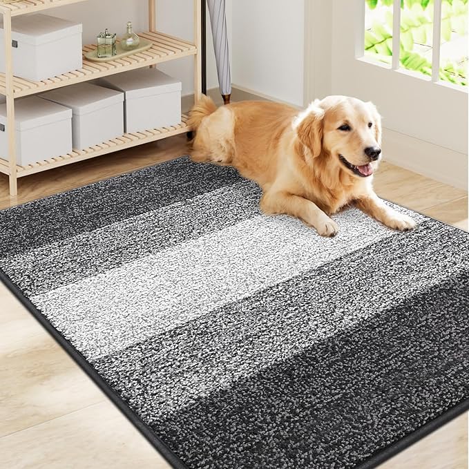 Smiry Dog Door Mat for Muddy Paws, Absorbs Moisture and Dirt, Low-Profile Entryway Mat with Non-Slip Backing, Entry Indoor Outdoor Doormat for Inside Floor (40x32 Inches, Grey, Striped) by Smiry
