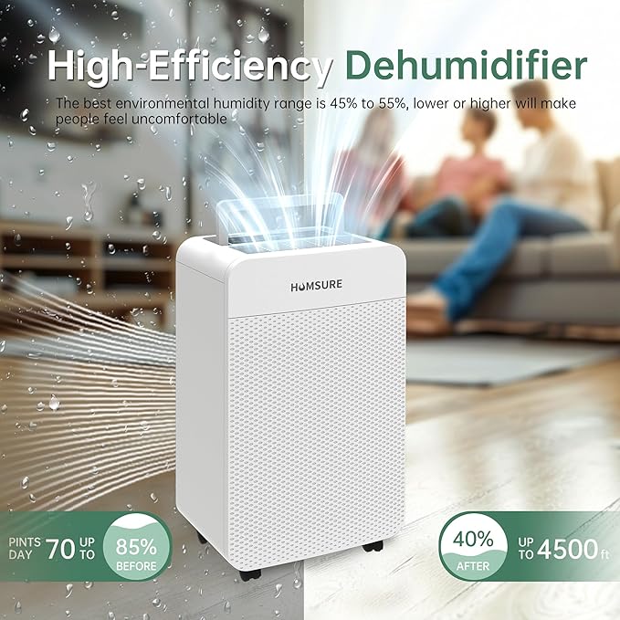 HUMSURE 4500 Sq. Ft 80 Pints Dehumidifier for Basement and Home, Bathroom, Bedroom, Equipped With Drainage Hose, Automatic Defrosting, 24-Hour Timer Function - Image 5