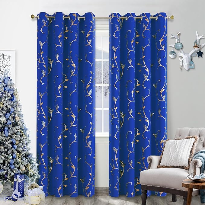 BUHUA Blackout Curtains Gold Foil Print Flower Vine Grommet Drapes, Room Darkening Thermal Insulated Curtains, Noise Reducing Curtain for Bedroom, Royal Blue, 52Wx84L, 2 Panels by BUHUA