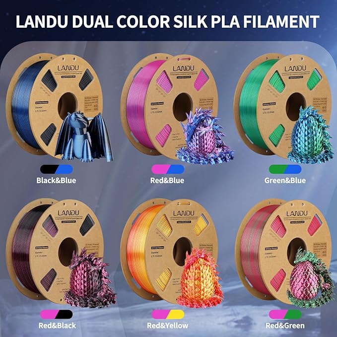 LANDU Silk Dual Color PLA Filament 1.75mm 1KG, 3D Printer Filament Dimensional Accuracy +/- 0.02mm, Coextrusion Filament PLA Shiny Filament Fits for Most FFF 3D Printers,1KG Spool (2.2lbs) Red Green - Image 2