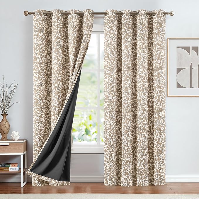 Vangao Taupe 100% Blackout Curtains 84 Inches Long for Bedroom Flower Curtains for Living Room Grommet Thermal Insulated Farmhouse Vintage Window Drapes 2 Panels - Image 2