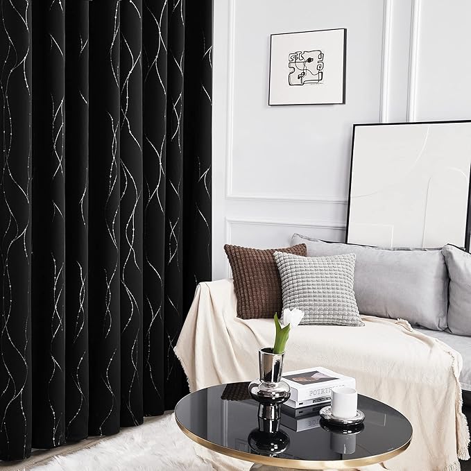 Deconovo Blackout Curtains for Bedroom, 72 Inch Length - Room Darkening Curtains, Window Grommet Curtains, Wave Line and Dots Pattern (W38 X L72, Black, Set of 2) - Image 5