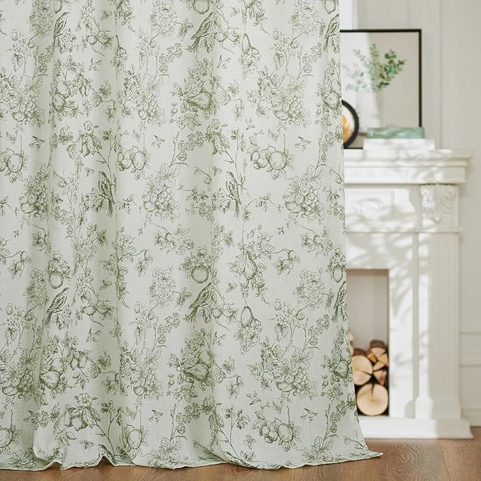 jinchan Linen Floral Curtains for Living Room 96 Inch Long Sage Green Printed Flower French Country Curtain Farmhouse Cottage Core Toile Curtains Back Tab Light Filtering Window Drapes Set 2 Panels - Image 7