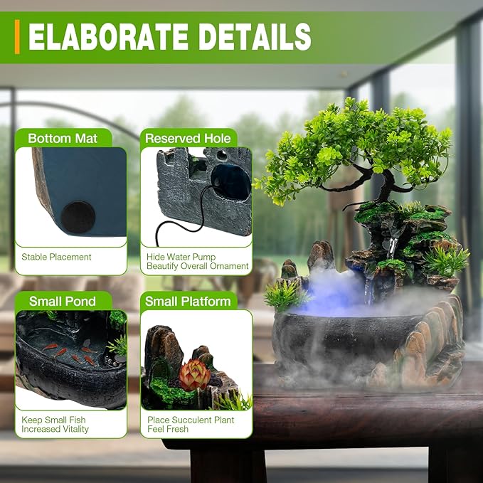 Tabletop Water Fountain with LED Lights – Resin Desktop Fountain for Home Office – Mist Humidifier, Relaxing Sound, Color-Changing – Decorative Indoor Garden Feature - Image 7