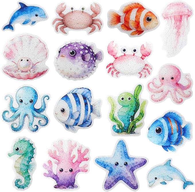 32 Pcs Cute Non Slip Bathtub Stickers for Shower Colorful Bathroom Anti Slip Shower Stickers Floor Applique Adhesive Decals with Scraper for Bathtub Bathroom Floor Pools(Sea) by Fullhawl