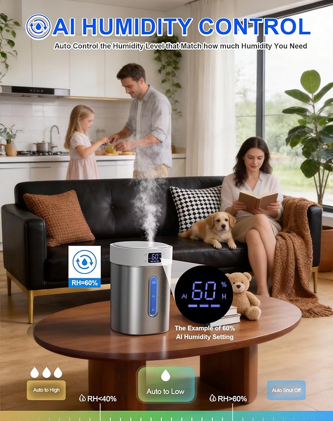 Humidifiers for Bedroom Large Room Baby, 4L Ultrasonic Cool Mist Humidifier, 304 Stainless Steel humidifiers, Auto Humidity Control, Humidity Display, Night Light, Quiet,Timer,Aromatherapy - Image 4