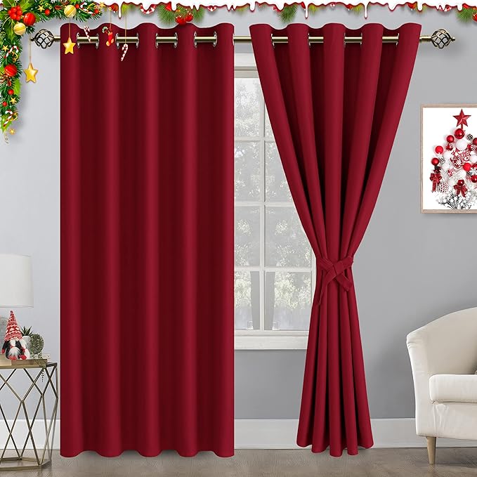 Hiasan Blackout Curtains for Bedroom, 60 x 84 Inches Long - Thermal Insulated & Light Blocking Window Curtains for Living Room, 2 Drape Panels Sewn with Tiebacks, Christmas Red by Hiasan