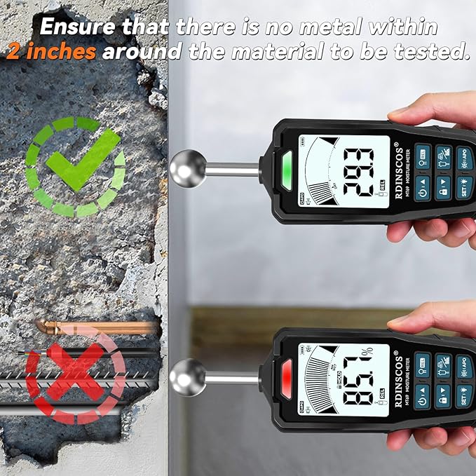 2-in-1 Pin & Pinless Moisture Meter, Digital Moisture Detector for Wood, Drywall & Building Materials, Large LCD Display, 3-Color Indicator, Calibration, Rechargeable Battery - Image 7