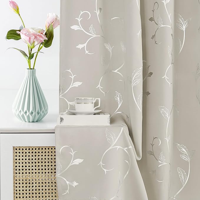 BUHUA Blackout Curtains Silver Foil Print Flower Vine Grommet Drapes, Room Darkening Thermal Insulated Curtains, Noise Reducing Curtain for Bedroom, Natural, 52Wx63L, 2 Panels - Image 4