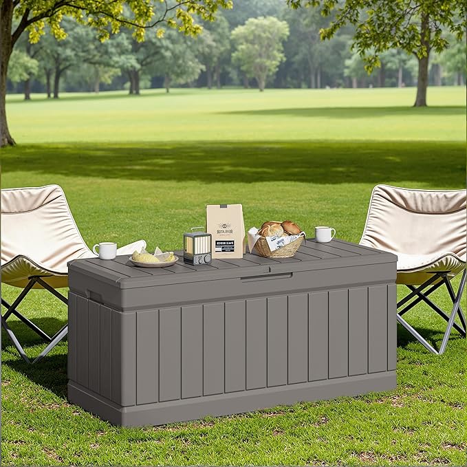JUMMICO 78 Gallon Outdoor Deck Box Large Resin Storage Box for Patio Furniture Cushions and Garden Tools (Light Brown) - Image 7