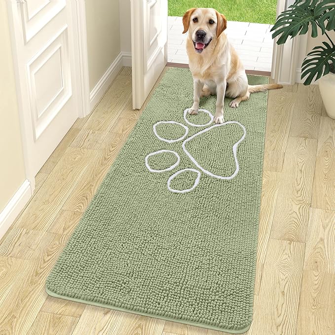 OLANLY Dog Door Mat for Muddy Paws 70x24, Paw Print Design, Absorbs Moisture and Dirt, Non-Slip Washable Doormat, Quick Dry Chenille Mud Mat for Dogs, Entry Indoor Entryway Carpet, Sage Green by OLANLY