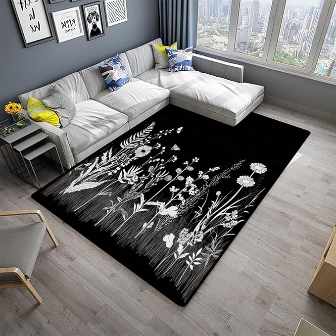 Shag Carpet Black and White Field Flower Pattern Drawing Foldable Area Rugs Fade Resistant, Flame Resistant, Quick Dry, Stain Resistant, Waterproof Floor Carpet for Living Room Bedroom, 72 x 108 Inch - Image 2