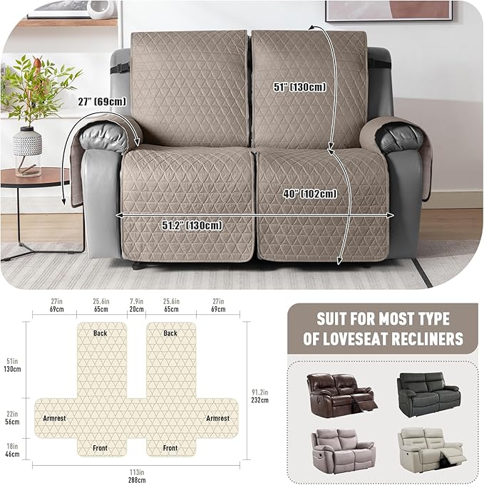 TAOCOCO 100% Waterproof Recliner Cover, Non-Slip Washable Reclining Couch Cover with Elastic Leg Straps, Furniture Protector for Dogs (Taupe, 2 Seater) - Image 3