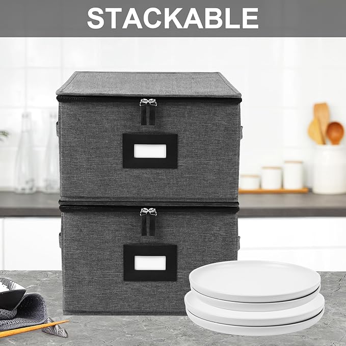 Mayniu China Storage Containers Hard Shell, 12" Plate Storage Containers for Dishes, Stackable Dinnerware Storage with 48 Felt Dividers (4 Pack Black) - Image 4