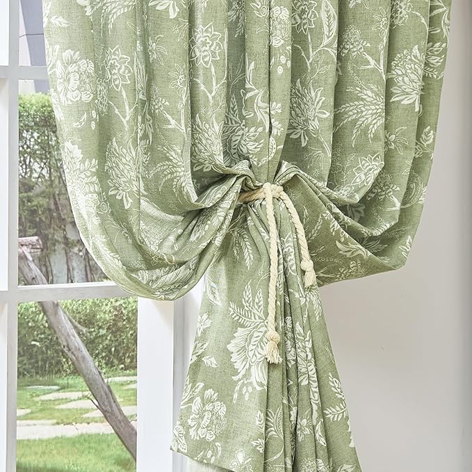 jinchan Linen Floral Curtains for Living Room with Printed Flower 84 Inches Long Light Filtering French Country Back Tab Rod Pocket Sage Green Window Curtain Set Farmhouse Drapes 2 Panels - Image 3