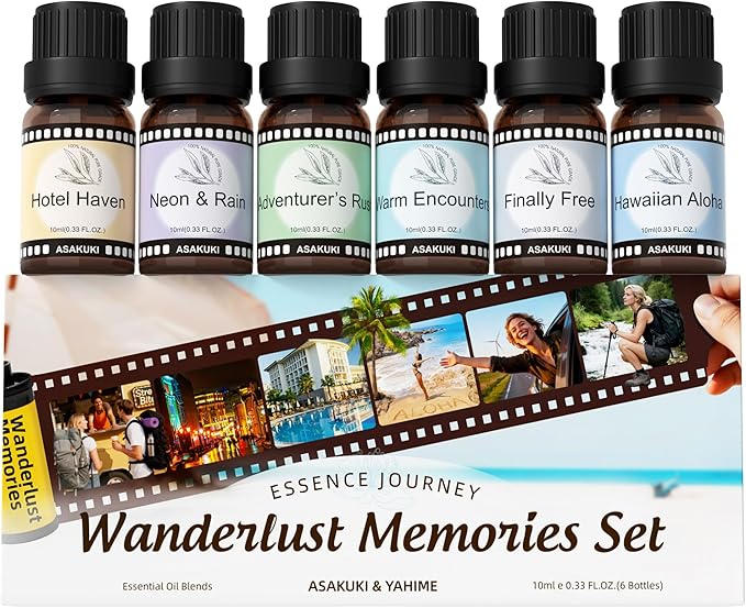 ASAKUKI Diffuser Oil Set - 6 Travel-Inspired Hotel Collection Essential Oils Set for Home & Diffusers - Hotel Haven, Neon & Rain, Hawaiian Aloha, Warm Encounters, Finally Free, Adventurer’s Rush by ASAKUKI