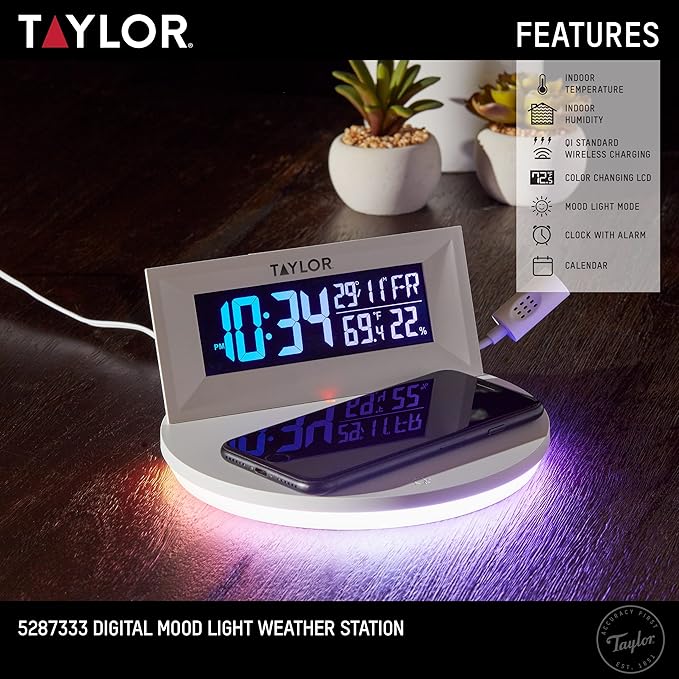 Taylor Digital Weather Station with Wireless Smart Device Charging, Indoor Temperature and Humidity, Clock with Alarm, Calendar, Changeable Glow Light, White - Image 3