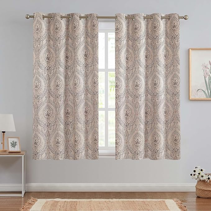 Vangao Damask Curtains Grey Curtains Paisley Medallion Print for Bedroom Living Room Darkening Drapes Vintage Linen Textured 96 Inch Window Treatment 2 Panels Grey on Beige - Image 2