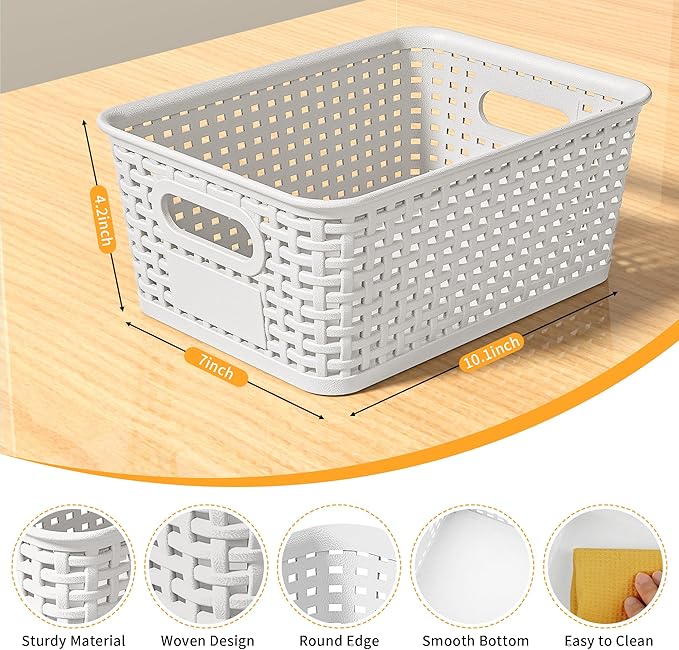 White Plastic Storage Baskets - Pack of 8 with Labels Stackable Durable Storage Bins, Storage Containers for Organizing Desktops, Closets, Playrooms, Classrooms, Offices - Image 2