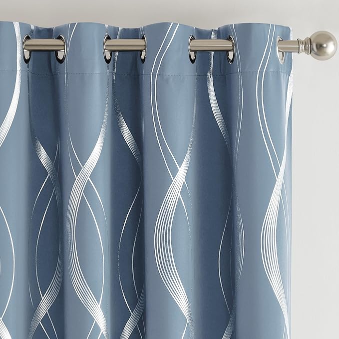 NICETOWN Vintage Blue Foil Printed Curtain for Extra Wide Window, W66 x L84 inch, Wave Line Design Modern Style Drapes Privacy Protection for Room Divider, 2 Panels by NICETOWN