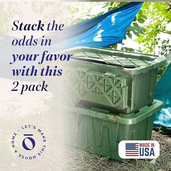 HOMZ 2-Pack Durabilt Tote, Heavy Duty Plastic Storage Bins with Lids, 15 Gallon, Green Camo - Stackable Organizing Containers for Home, Garage, and Office - Image 2