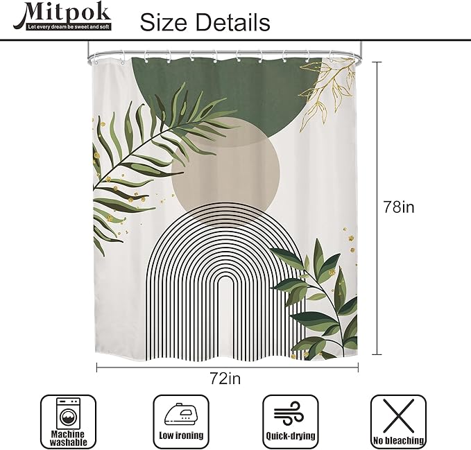 Sage Green Boho Shower Curtain 72Wx78H Modern Abstract Green Gold Leaves Bohemian Plant Botanical Minimalist Arch Bathroom Decor Geometric Neutral Bath Curtain Fabric Polyester 12 Pack Hook - Image 5