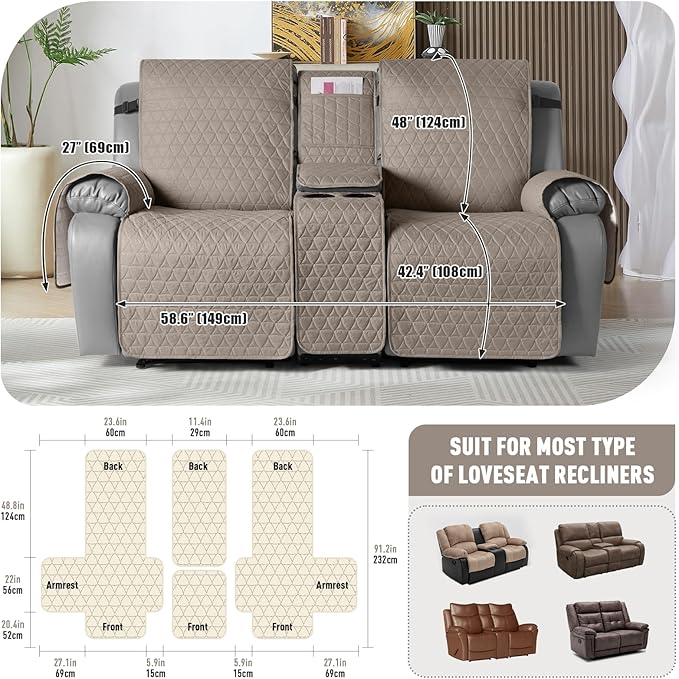 TAOCOCO 100% Waterproof Loveseat Recliner Couch Sofa Covers with Console,Double Reclining Couch Cover Non-Slip Sofa Slipcovers Washable,Furniture Protector Covers for Kids,Pets(2 Seater,Taupe) - Image 3