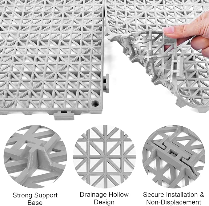 MYFAMIREA Modular Interlocking Cushion 12 Pack 11.8" x 11.8" Rubber Floor Tiles Non-Slip Splicing Drainage Mats for Deck, Pool, Outdoor Shower, Patio, Balcony, Indoor Bathroom, Kitchen, Yard (Gary) - Image 4