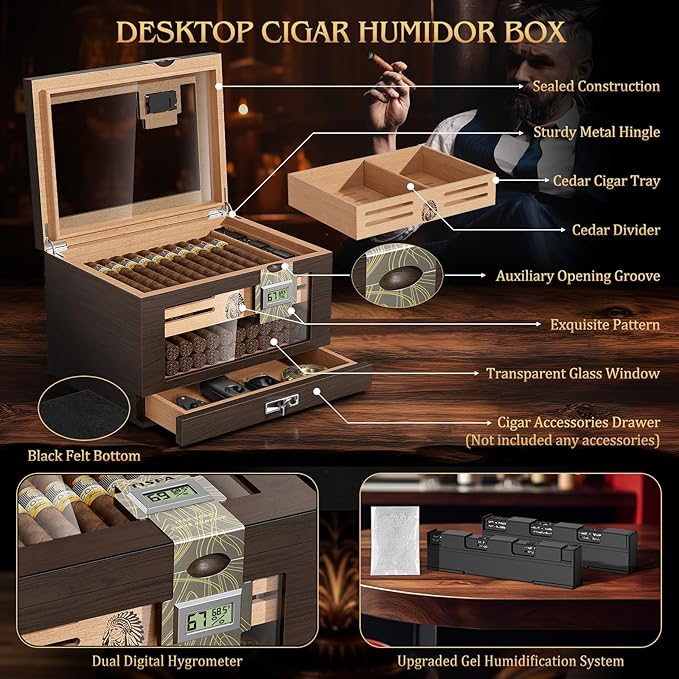 TISFA Cigar Humidor Cedar Wood Cigar Box with 2 Digital Hygrometer, 2 Humidifiers, Cedar Tray, Divider, Accessory Drawer, Glass Top Large Desktop Humidors and Acrylic Travel Cigar Tube Gifts Set - Image 2