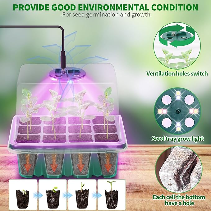 Seed Starter Tray with Plant Light, 2 Pack Grow Lights for Seed Starting Kit with Humidity Domes, Timing Controller Adjustable Brightness for Greenhouse Propagator Station Planting Growing - Image 2