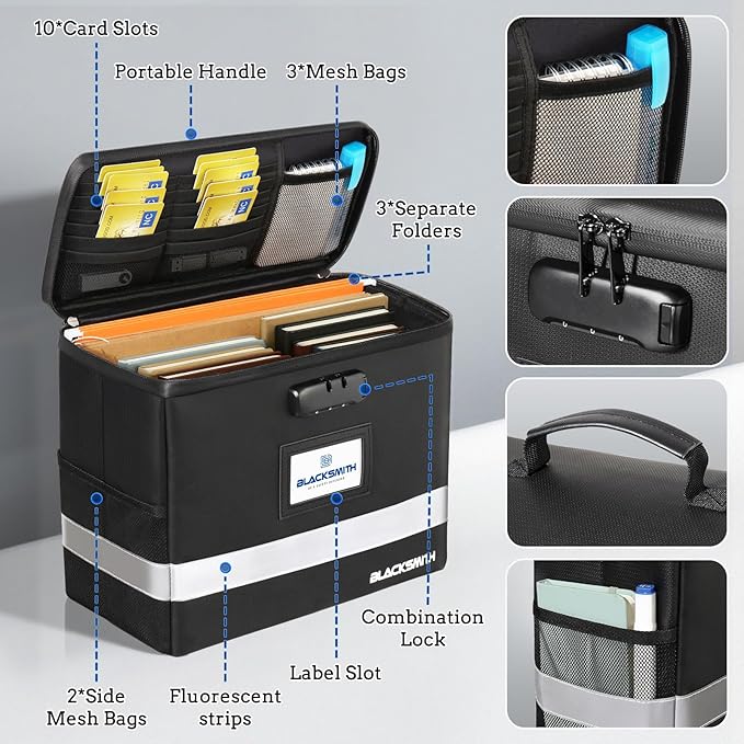 BlackSmith Fireproof Document Box With Lock, 4200°F Heat Resistant & IPX3 Waterproof Document Bag with Hanging File Organizer for Letter Size, Collapsible Portable File Safe Box for Office, Travel - Image 4