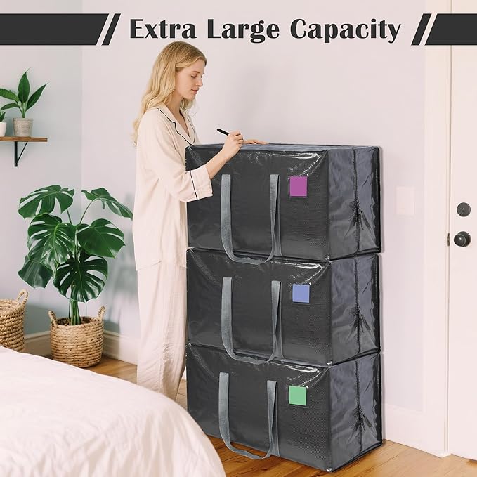 6 Pack Extra Heavy Duty Large Moving Bags with Reinforced Zipper & Wide Handles, Waterproof Storage Bins for Clothes, College Dorm, Travel, and Home Organization, Gray - Image 5