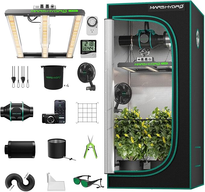 MARS HYDRO 3x3 Smart Grow Tent Kit Complete System,150W FC1500 Samsung LM301H Grow Light,App Dimming Control,1680D High Reflective Mylar,with Smart WiFi App Control Ventilation System,10 Speed Fan by MARSHYDRO