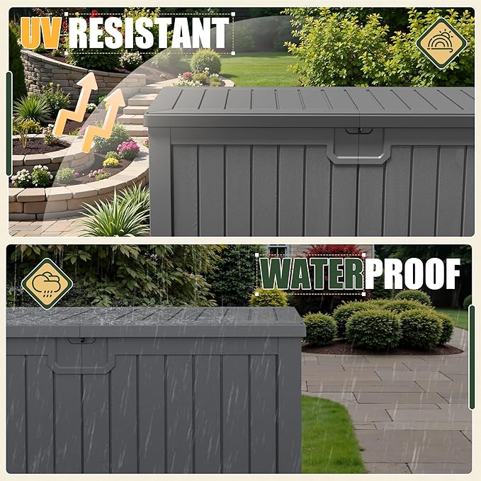 JUMMICO 250 Gallon Outdoor Resin Deck Box with Divider, Waterproof Storage Box with Lockable Lid&Side Handles for Garden Tools, Pools Supplies (Gray) - Image 4