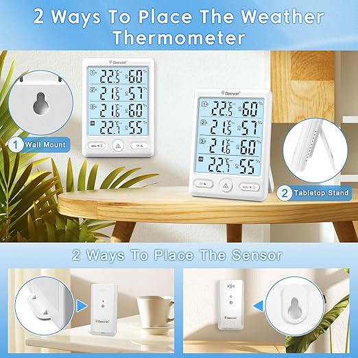 Geevon Indoor Outdoor Thermometer Wireless, 5-Inch Display Digital Hygrometer Thermometer Temperature Humidity Monitor with 3 Remote Sensors and Backlight, Battery-Powered(White) - Image 8