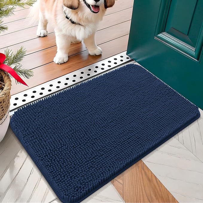 OLANLY Dog Door Mat for Muddy Paws 24x16, Absorbs Moisture and Dirt, Absorbent Non-Slip Washable Doormat, Quick Dry Chenille Mud Mat for Dogs, Entry Indoor Entryway Carpet for Inside Floor, Dark Blue by OLANLY