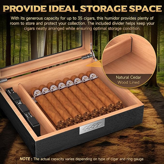 TISFA Cigar Humidor Box Cigar Accessories Set, Includes V Cutter, Straight Cutter, Hole Punch, Digital Hygrometer, Adjustable Humidifier, Divider, Cedar Wood Desktop Humidor Airtight Cigar Case - Image 5