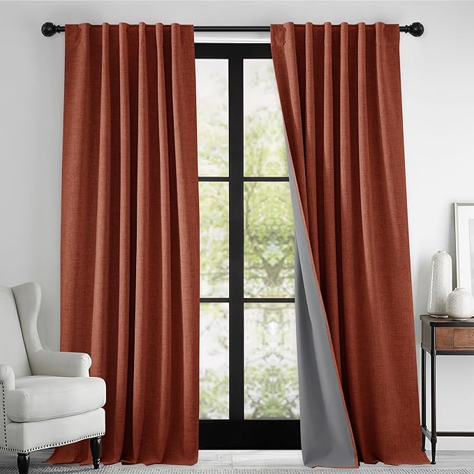 RYB HOME 100% Blackout Linen Textured Curtains 96 inches Long, Insulating Privacy Energy Saving for Bedroom Living Room Window Office Theater Dining Nursery, W 52 x L 96 in, Terracotta, 2 Panels - Image 2