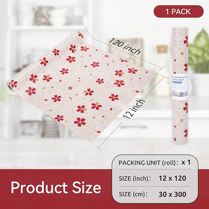 FIFTY FEET 12"x120" Non-Adhesive Shelf Liner for Kitchen Cabinets and Drawers, Washable Non-Slip PVC Cabinet Liner (Red Floral)(1 Roll) - Image 5