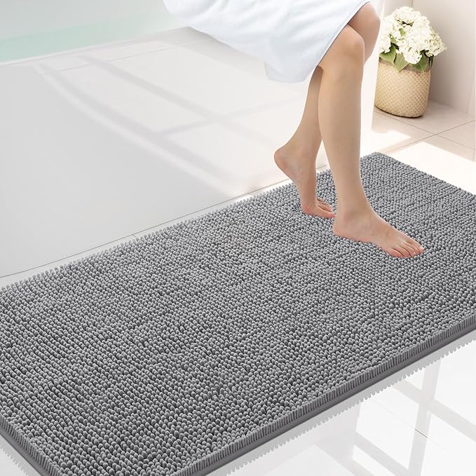 Smiry Luxury Chenille Bathroom Rugs 47x24, Extra Soft and Absorbent Shaggy Bath Mat, Machine Washable, Non-Slip Plush Carpet Runner for Tub, Shower, and Floor, Home Decor Accessories, Grey by Smiry