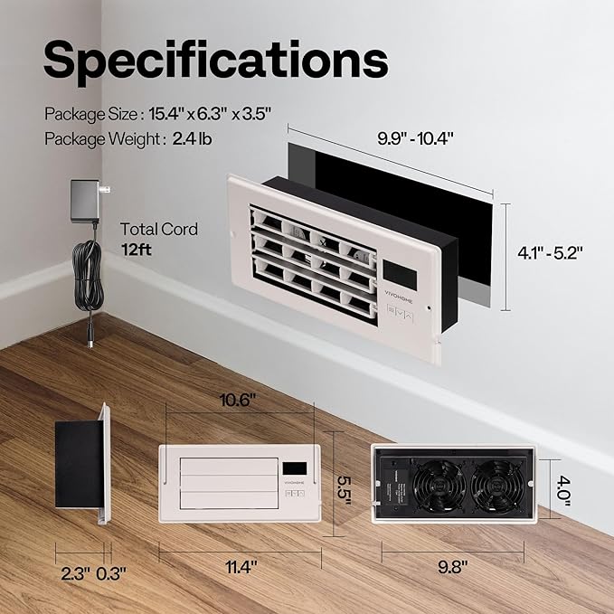 VIVOHOME 4'' x 10'' Opening Register Booster Fan with Adjustable Wind Direction Louver, Smart Intelligent Thermostat & 10-Speed Remote Control - 11.4" x 5.5" Vent Cover for Room, Floor, Wall - White - Image 2