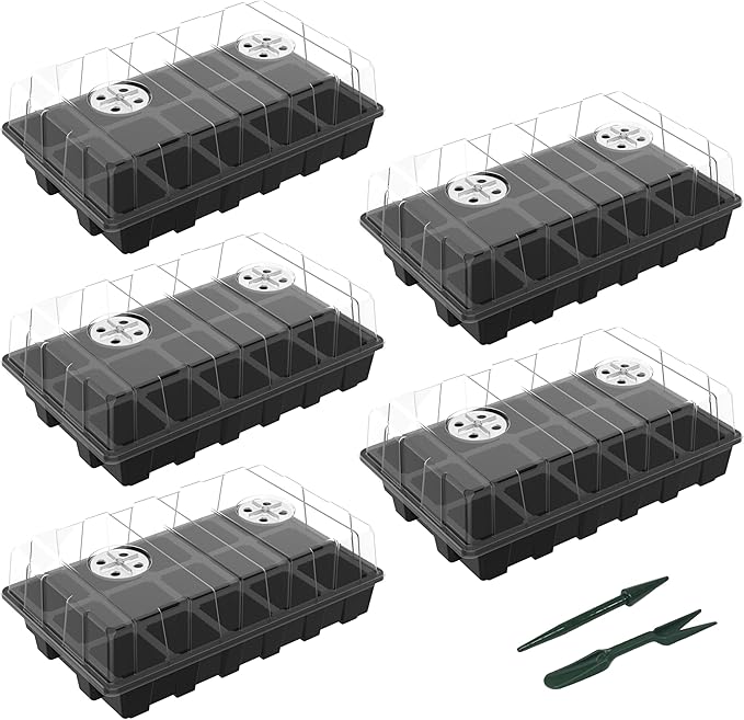 Gardzen 5-Pack Seed Starter Kits, Reusable Plant Germination Trays with Total 75-Cell, Seed Starter Tray with Humidity Vented Domes and Bases for Starting Vegetable Flower Herb Seeds 15" x 9" by Gardzen