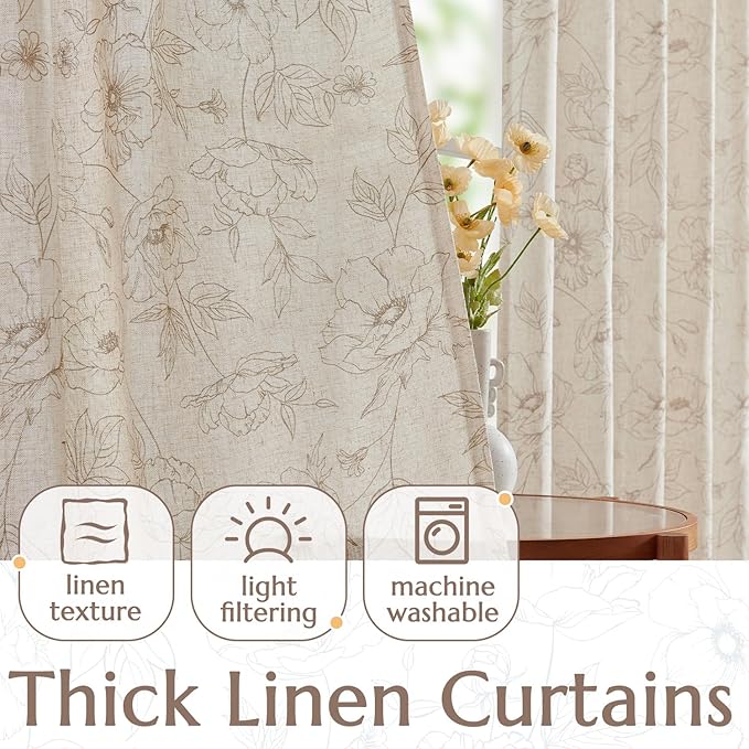 jinchan Floral Linen Curtains for Living Room 96 Inch Length Taupe Flower Curtain Rod Pocket Back Tab Farmhouse Curtains with Printed Floral Bedroom Window Curtain Set, 2 Panels Taupe - Image 3