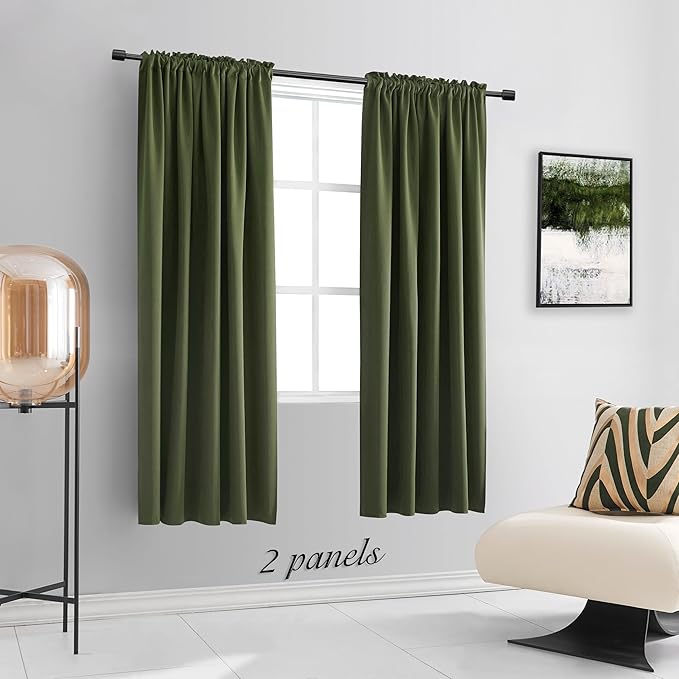 DONREN Dark Olive Green Blackout Curtains for Classical Dining Room Kitchen Bathroom Deco - Loden Room Darkening Thermal Insulated Window Curtain Panels for Bedroom,Set of 2 Panels,W 52 x L 63 - Image 5