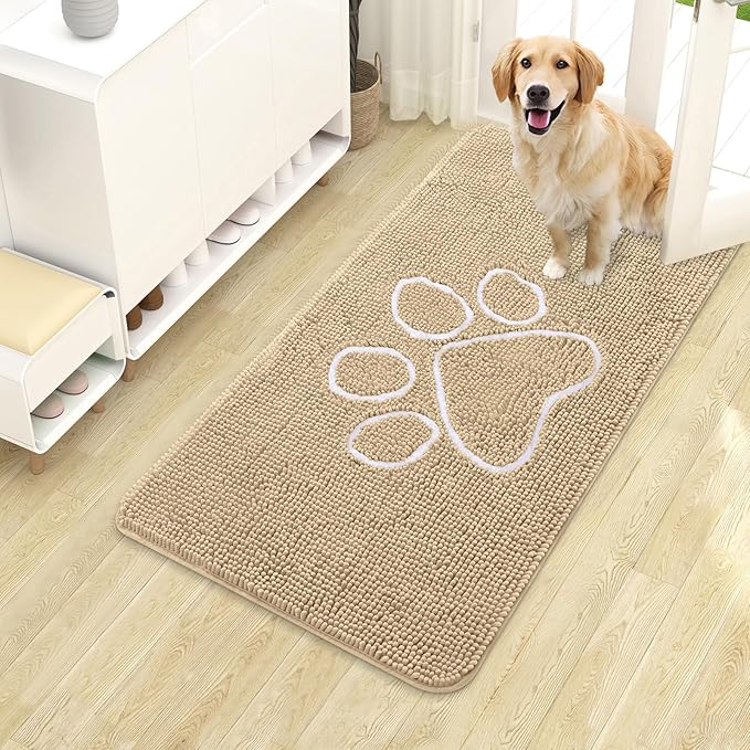 OLANLY Dog Door Mat for Muddy Paws 40x24, Paw Print Design, Absorbs Moisture and Dirt, Absorbent Non-Slip Washable Doormat, Quick Dry Chenille Mud Mat for Dogs, Entry Indoor Entryway Carpet, Beige by OLANLY