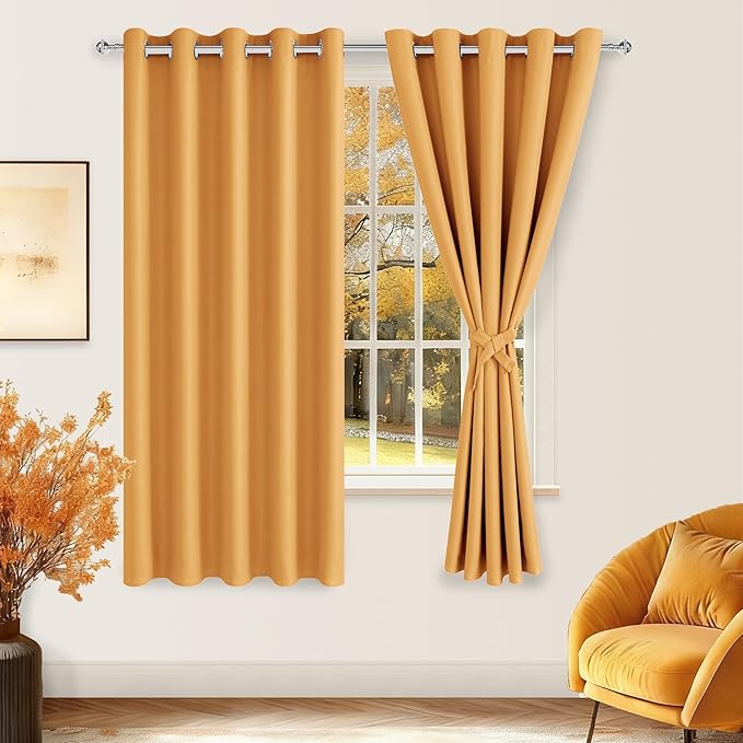 Hiasan Blackout Curtains for Bedroom, 60 x 63 Inches Length - Thermal Insulated & Noise reducing Window Curtains for Living Room, 2 Drape Panels Sewn with Tiebacks, Pumpkin Orange - Image 2
