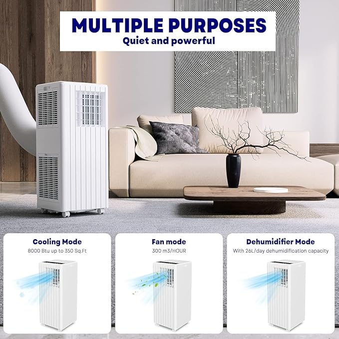Portable Air Conditioner for 250-350 Sq Ft 3-In-1 8000 BTU AC Unit with Cooling/Dehumidifier/Fan Modes, Remote, 24H Timer & Installation Kit for Home/Office/Dorm - Image 6