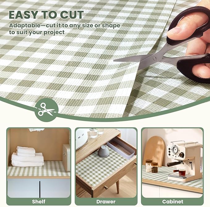 Drawer Liner and Shelf Liner for Kitchen Cabinet Liner Non-Adhesive Non-Slip Shelf Paper, Thick Strong Grip Waterproof Easy to Clean for Shelves, Cupboard, Desks, Green Plaid Pattern, 12 in x 20 FT - Image 4